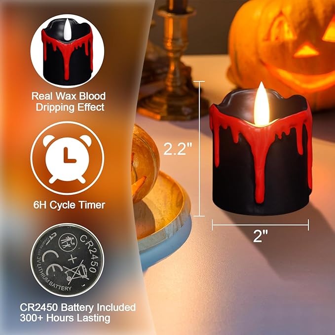 DRomance Black Flameless Votive Candles Battery Operated with Timer, 350 Hours Blood Dripping Small Real Wax Flickering LED Tea Light Candles Dinner Fall Halloween Decoration Lights(6 Pcs, 2" x 2.2")