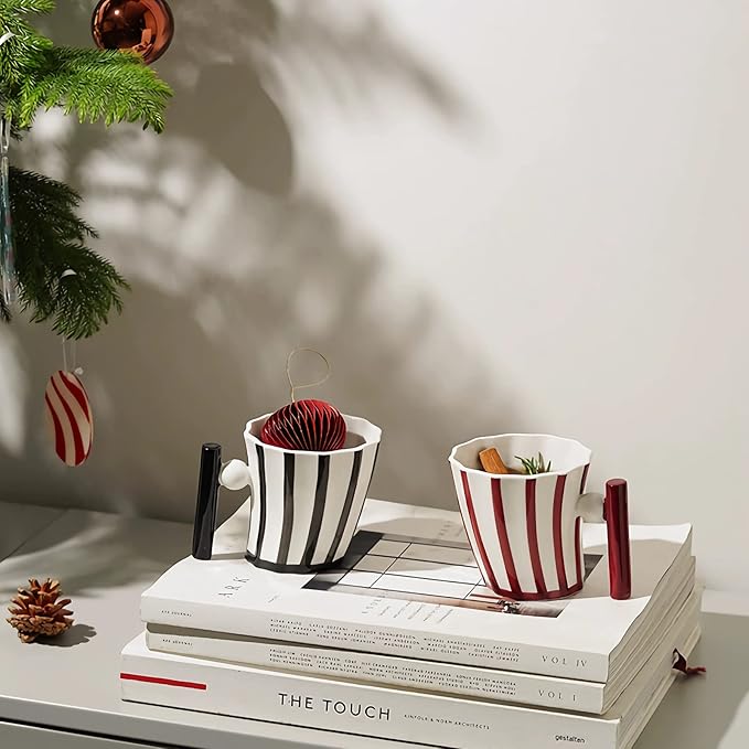 Coffee Mugs Set of 4, Christmas Handmade Aesthetic Coffee Mugs Tea Cups for Office and Home, Artsy Ceramic Coffee Mugs for Women Men, Red & White Mugs, 12 Oz