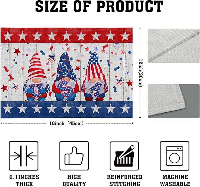 Giwawa Patriotic Gnomes Placemats 12x18inch 4th of July USA Elf American Stars Place Mat Set of 4 for Kitchen Dining Independence Day Heat Resistant Table Mats for Tabletop Holiday Decor