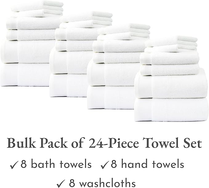 California Design Den Bulk Pack of 24 Pc Towel Set - 100% Cotton, Quick-Dry, Highly Absorbent, Includes 8 Bath Towels, 8 Hand Towels & 8 Washcloths, Premium Towels for Hotel, Spa & Bathroom (White)