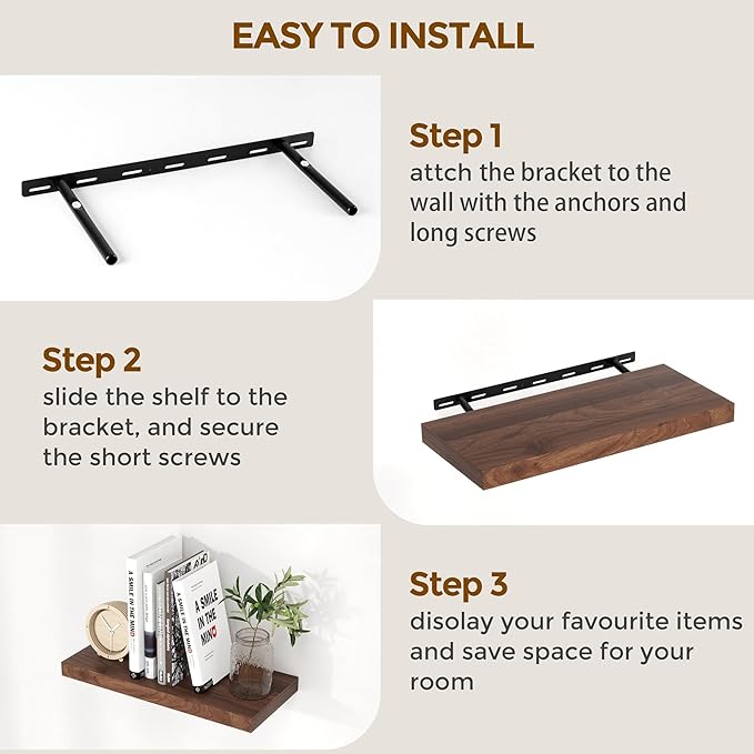 48"W x 9"D Floating Shelves Set of 2, 9.3 Inch Deep Floating Shelves Wall Mounted, Wide Wall Shelves Invisible Bracket, Deep Storage Shelves for Living Room, Bathroom, Kitchen, Walnut Color