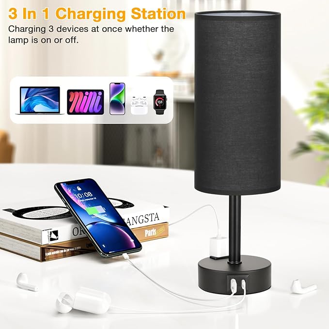 Black Touch Table Lamps Set - 3 Way Dimmable Bedroom Bedside Lamps Set of 2 with USB C and A Ports,Small Lamps for Nightstand with AC Outlet,Round Flaxen Shade for Desk,Office,Dorm,Nursery