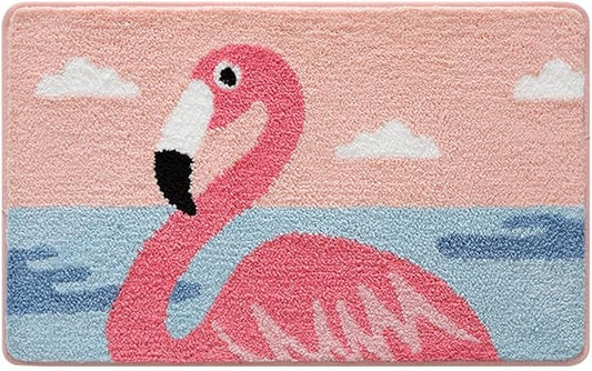 Bathroom Rug Cute Animal Pattern Fun Bath Mat, Microfibre Soft Oval Rug, Rubber Back, Multi-Color, Durable, Machine Wash Bath Mat for Bathroom Floor, 19.68"x 31.49", (Flamingo)
