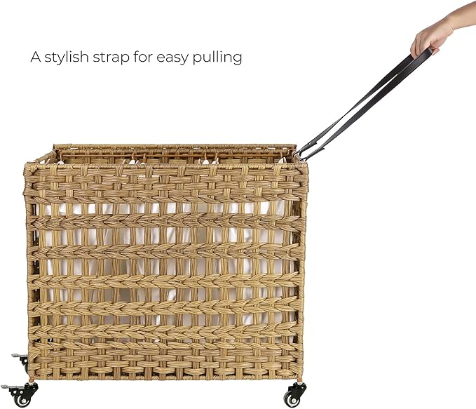 SONGMICS Laundry Hamper with Lid, 140L Synthetic Rattan Laundry Basket with Wheels, Clothes Hamper with 3 Removable Liner Bags, 3-Section Hampers with Handles, Laundry Room, Natural ULCB083N01