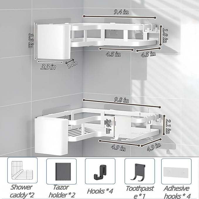 Corner Shower Caddy,2 Pack Rustproof Corner Organizer Shelves,No Drilling Stainless Steel Shower Organizer for Bathroom,Bathtub,Shower Pan,Bath Accessories Shower Caddies(White)