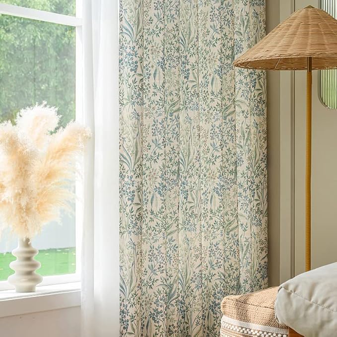 Floral Farmhouse Curtains Semi-Blackout Living Room Drapes 63 Inch Length Cotton Linen Blend Bohemian Window Curtain Panels White Bedroom Drapes, 1 Panel (Grommet, 72" W x 63" L)