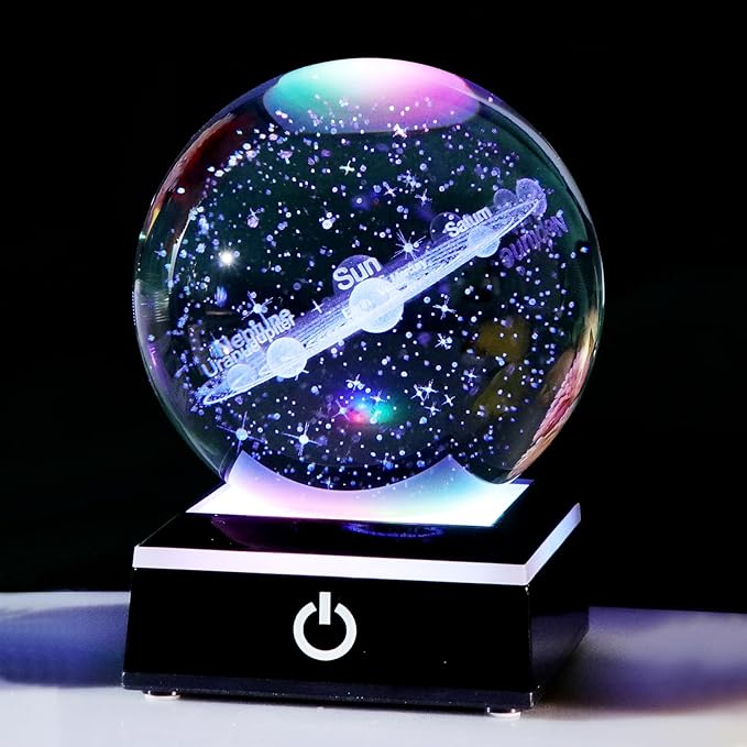 Ornalrist 3.15" K9 Crystal 3D Solar System Ball with Black LED Colorful Lighting Touch Base, Engraving Solar System Star Planet Model Decor, Science Universe Astronomy Gifts for Astronomy Lovers