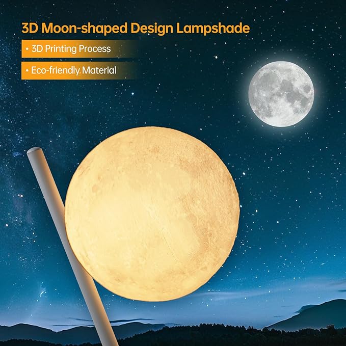 3D Printed Tall Standing Lamp - Modern Moon Floor Lamp with Remote for Living Room, Bedroom, Office