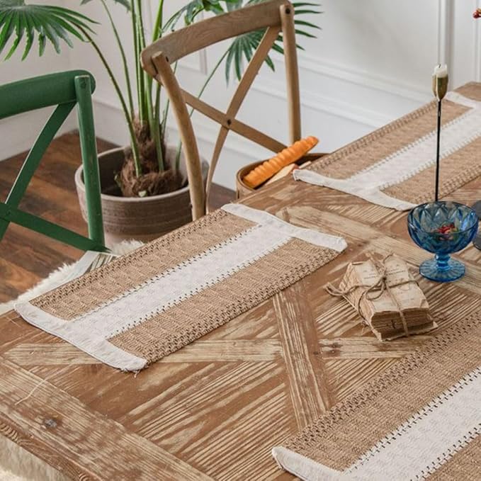 Boho Placemats Set of 4, Burlap Place Mats for Kitchen Table 12x19 Inches, Splicing Woven Rectangular Table Mats, Farmhouse Style Table Decor for Rustic Wedding Bridal Shower