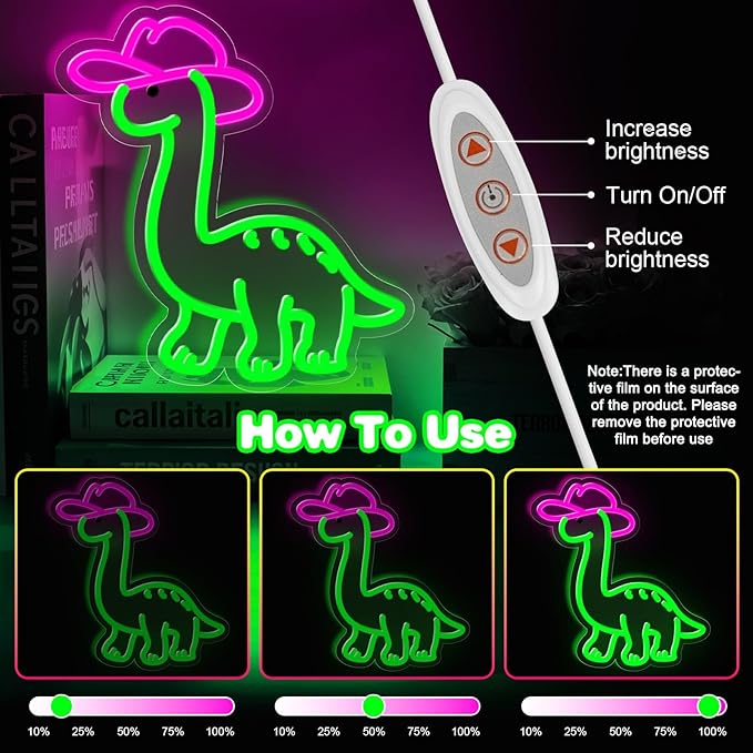Cowgirl Dinosaur Neon Sign for Wall Decor,Dimmable Cute Dinosaur with Cowboy Hat Neon Light,Green Animal Light Up Signs for Kids Bedroom Dinosuar Theme Party Background Decoration