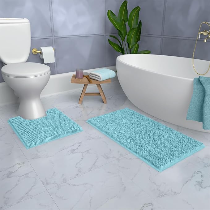LuxUrux Bathroom Rugs Sets 2 Piece: Quick Dry, Soft Plush Anti-Slip, Super Absorbent. Includes Rectangular (31x20 inches) & U-Shaped Toilet Mat (20x20 inches) | Spa Blue