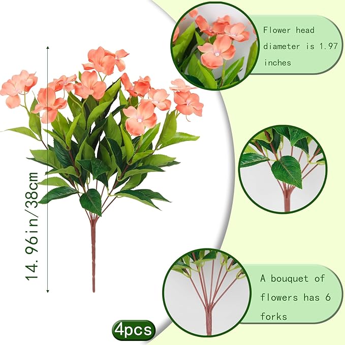 4 Pcs Artificial Flowers Outdoor Impatiens UV Resistant Fake Silk Impatiens Flowers Orange Faux Flowers Impatiens Bushes Artificial Impatiens for Outdoor Planter Pot Hanging Basket Porch Decor