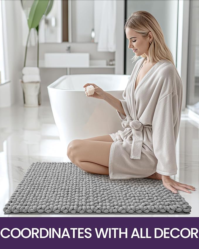 DEXI Bathroom Rugs 17x30, Non Slip Washable Bath Mat, Luxury Chenille Super Absorbent Thick Bathmats for Shower Floor, Plush Fluffy Shaggy Carpet for Tub, Light Grey