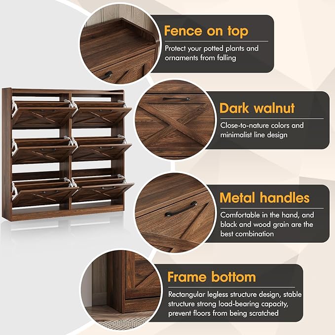 Maupvit Large Shoe Storage Cabinet with 6 Flip Drawers, Freestanding Shoe Organizer with Metal Handles for Entryway, Narrow Shoe Rack Cabinet, Dark Walnut