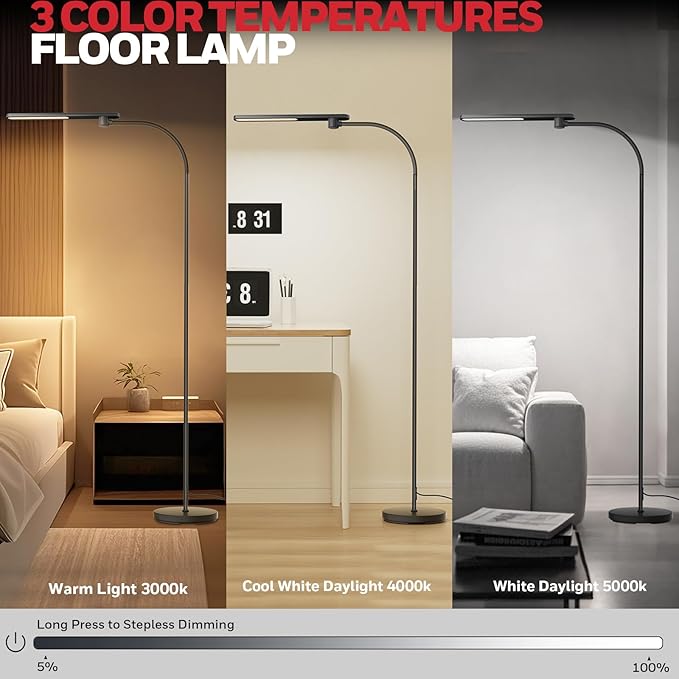 HoneyWell LED Floor Lamp, F4 Sunturalux™ Gooseneck Floor Lamps for Living Room, Super Bright Stepless Dimmable Tall Standing Lamp, Modern Eye-Caring Reading Floor Lamp for Bedroom Office Study