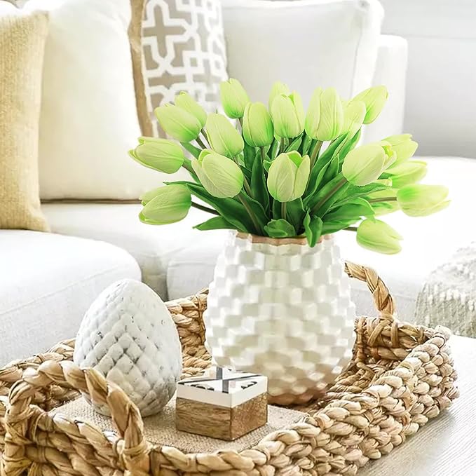 Beferr 18pcs Tulips Artificial Flowers Faux Tulip Real Touch Fake Flowers Bouquets Arrangements for Easter Spring Flowers Home Table Decor Green