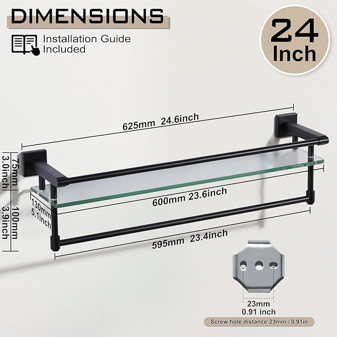 Glass Shelves for Bathroom with Towel Bar/Rack 24" Tempered Glass Shelves with Stainless Steel Towel Holder for Wall Shelf Sink Over Toilet (Matte Black)