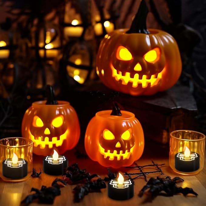 DRomance Halloween Flameless Votive Candles Battery Operated with 6H Timer, 12 Pack Black Spooky Skull Decal LED Flickering Pumpkin Tea Lights Candles Fall Indoor Decoration(1.5" D x 1.4" H)