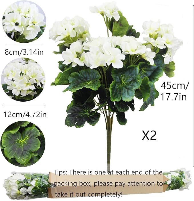 2 Pcs Artificial Geraniums for Outdoor Silk Geranium Flowers White Artificial Geranium Bush Faux Flowers Geraniums Branch for Garden Patio Grave Cemetary Vase Table Centerpiece Indoor Decor