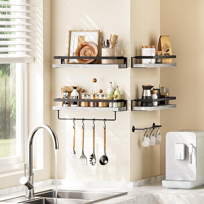AMADA HOMEFURNISHING Wall Shelves, Floating Shelves for Bathroom, Kitchen, Bedroom, Bathroom Shelf with Towel Bar, Set of 2, White - AMFS01W