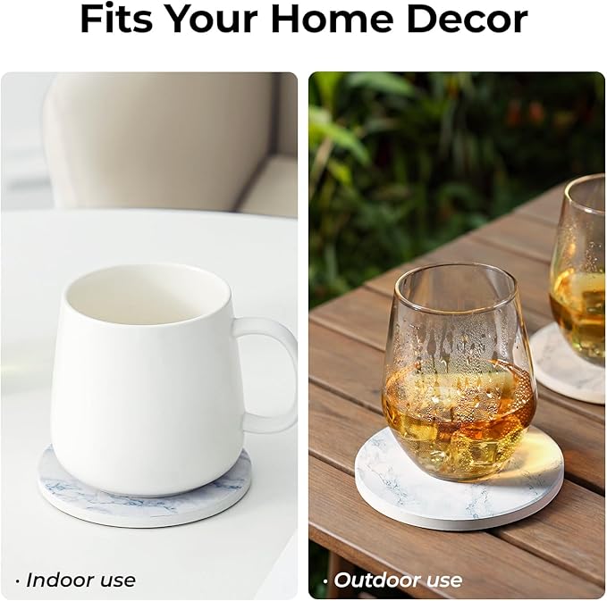 LIFVER Coasters Set of 8 for Drinks, White Marble-Style Anti-Slip Absorbent Drink Coasters with Holder, Modern Stone Coasters Ideal Housewarming Gifts for Home Patio Decor Coffee Bar Accessories