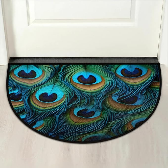 Half Round Doormat Indoor Entrance Mat Peacock Feathers Bathroom Carpet Absorbent Floor Mat Kitchen Mat for Home Front Door Patio Garage Welcome Mat