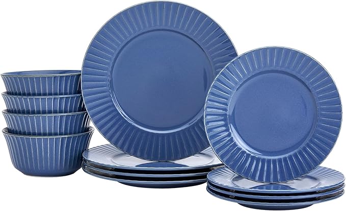 Tabletops Gallery Richmond 12-Piece Reactive Glaze Stoneware Dinnerware Set of Kitchen Dishes, Dinner Plates, Cereal Bowls, Service for 4, Blue