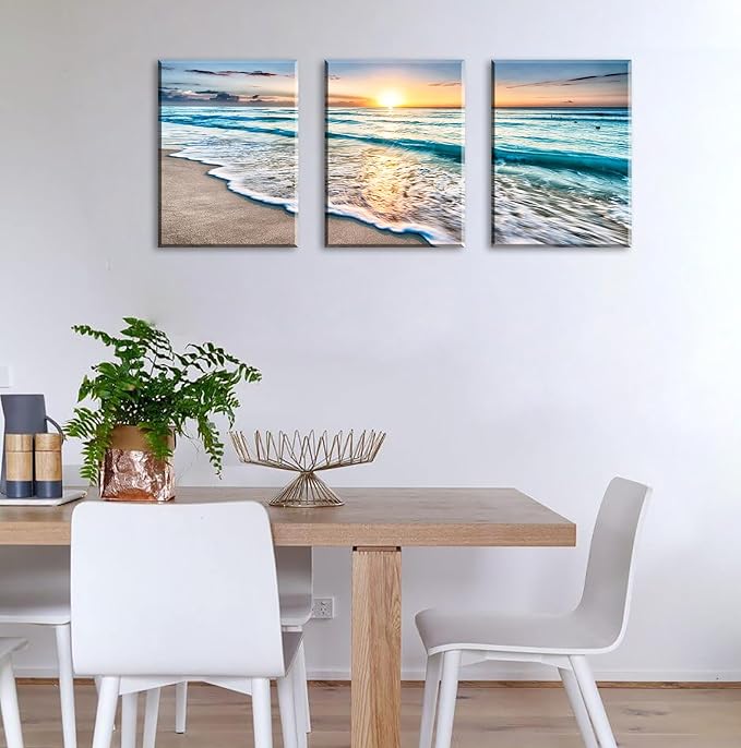 3Pcs Ocean Decor - Modern Beach Bathroom Decor Wall Art for Living Room Beach Decorations for Home Pictures Bedroom Canvas Seascape Paintings Deep Blue Sea Wave Sunset Framed