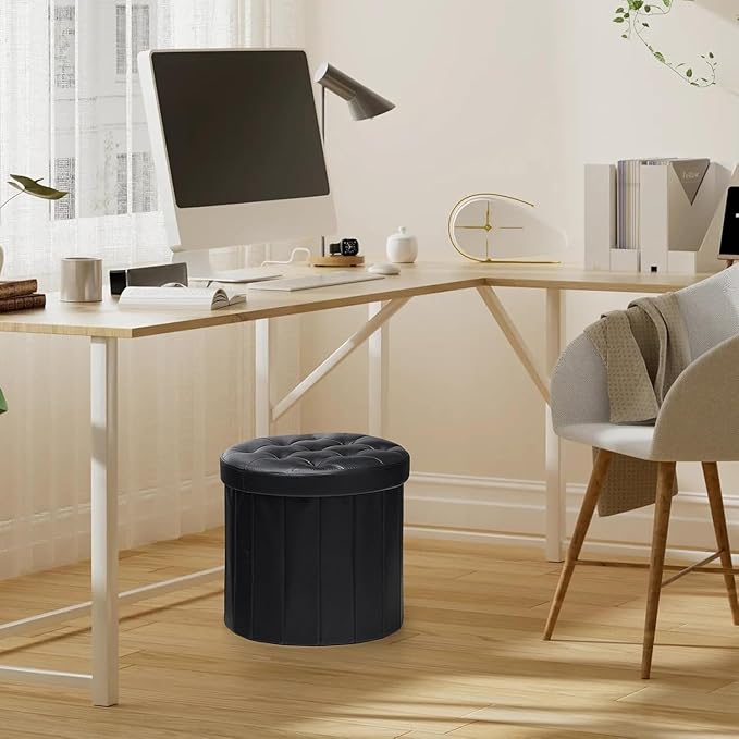 Bsketa® Ottoman with Storage, Foot Rest Stool with Thicker Foam Padded Seat Leather Small Round 14“ x 14” x 13 "Inchs Storage Ottoman Bench for Living Room Foldable Pouf Coffee Table 2 Pack,Black