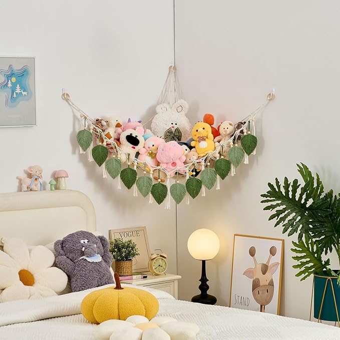 Pretty Jolly Macrame Leaf Wall Hanging Storage Hammock, 59" Boho Corner Organizer with Tassels, Stuffed Animal Plush Holder for Kids Room Nursery Decor (Avocado Green & Sage Green)