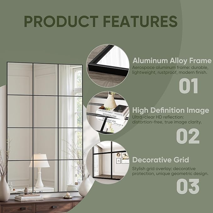 Suidia Wall Mirror, 32" x 72" Window Decorative Mirrors, Metal Framed Wall Decor Wall-Mounted Mirrors for Bedroom, Living Room, Entryway, Black
