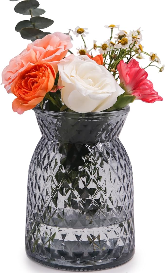OFFIDIX Glass Vase, 6.5 * 4.5in Large Mouth Shape Geometric Faceted Design Flower Vase for Weddings,Events,Decorating,Office,Home Decor