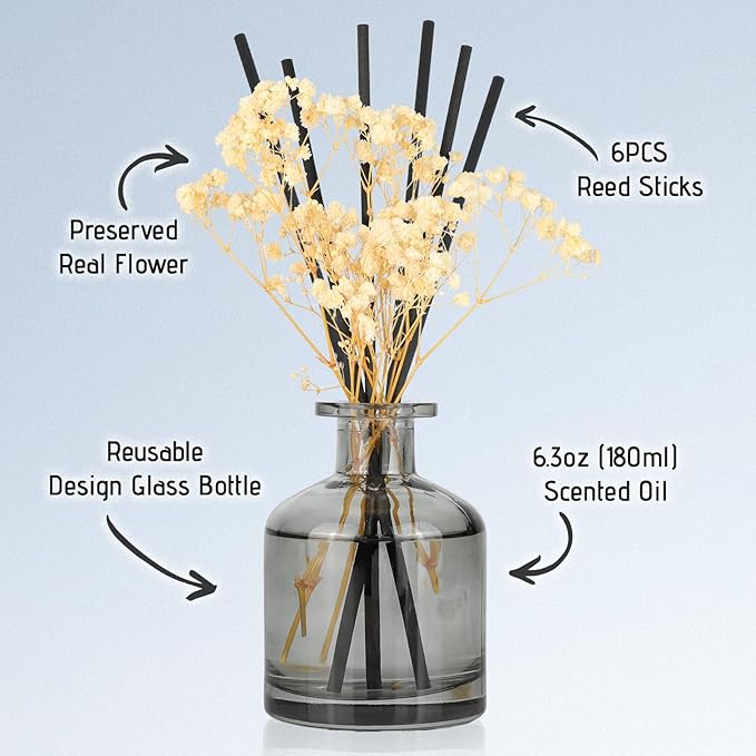Brakula Reed Diffuser Set, 6.09 fl oz (180 ml)- Fresh Linen with 8 Reed Sticks, Home Fragrance Reed Diffuser for Bathroom Shelf Decor