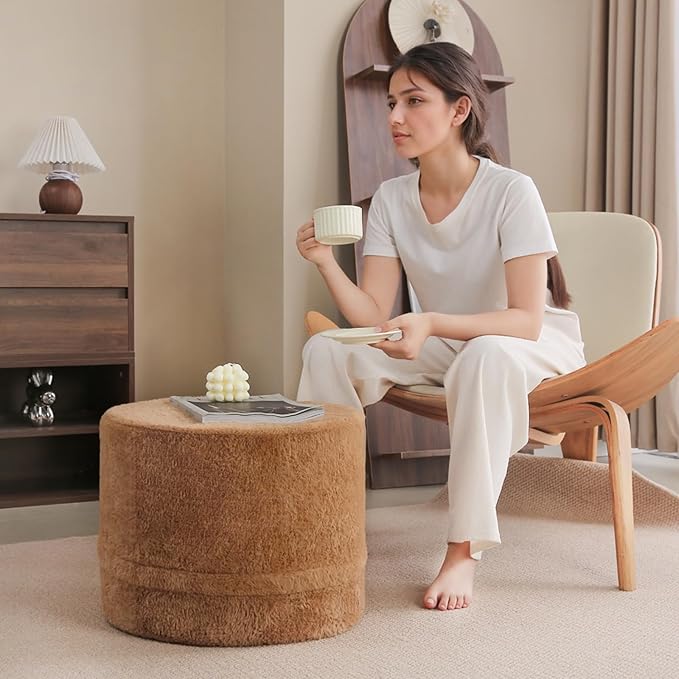 Tiita Pouf Ottoman and Foot Rest, Round Foam Stuffed Floor Pouf with Storag for Living Room, Brown
