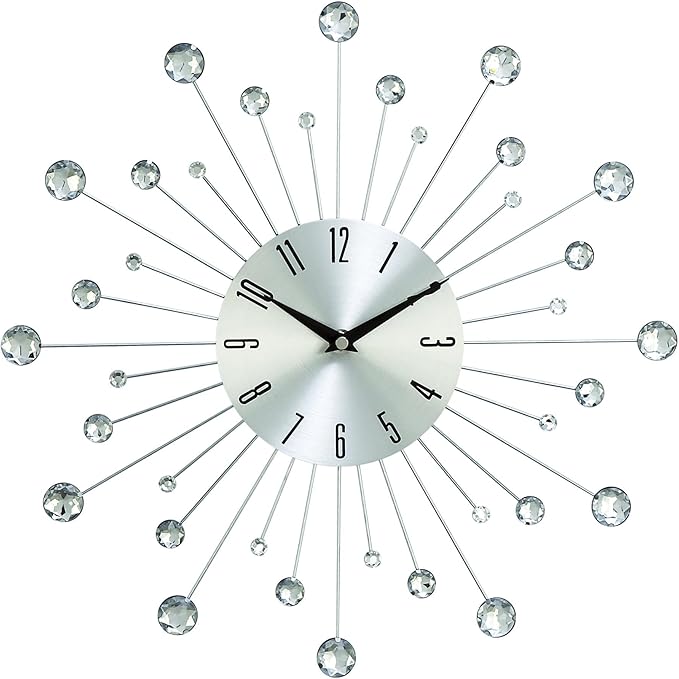 Deco 79 Metal Starburst Decorative Wall Clock With Crystal Accents for Home and Room, 15" x 2" x 15", Silver