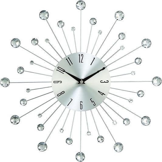 Deco 79 Metal Starburst Decorative Wall Clock With Crystal Accents for Home and Room, 15" x 2" x 15", Silver