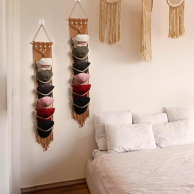 Ball Cap Hanger-1 Pack-Boho Macrame Cap Holder Wall Hat Organizer for Baseball Cap Holder Over Door, Hat Rack for Wall, Cap Rack for Decoration and Display(Brown)