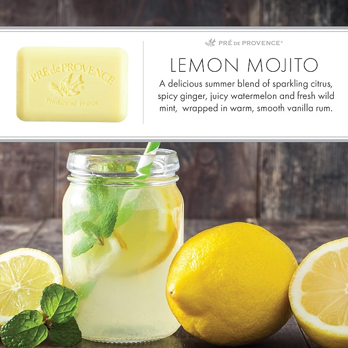 Pre de Provence Artisanal Soap Bar, Natural French Skincare, Enriched with Organic Shea Butter, Quad Milled for Rich, Smooth & Moisturizing Lather, Lemon Mojito, 5.3 Ounce