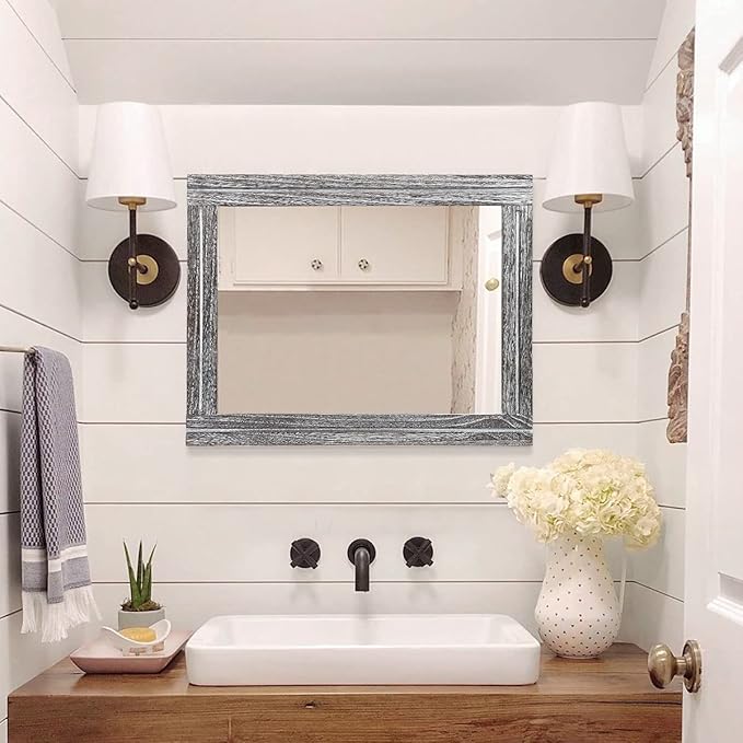 AAZZKANG Rustic Mirror Wood Framed Wall Mirrors Large 20"x16" Rectangle Decorative for Bedroom Bathroom Farmhouse Living Room Home Entryway