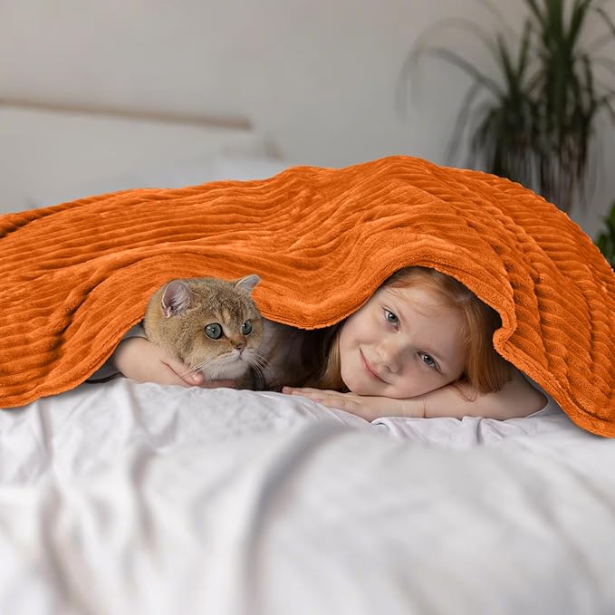 Vessia Flannel Fleece Throw Blanket, 300GSM Cozy Orange Striped Blanket for Kids and Adults, Warm and Soft Microfiber Ribbed Couch and Sofa Throw for All Season(50x40inch)