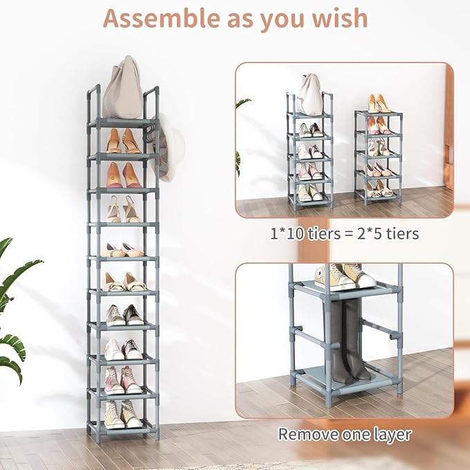 Narrow Shoe Rack 10-Tier Tall Shoe Organizer Skinny Shoe Shelf Storage for 10-15 Pairs Shoe and Boot, Space Saving Corner Shoe Rack Organizer for Closet, Entryway, Living Room, Grey
