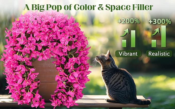 8Pcs UV Resistant Artificial Flowers for Outdoors, Realistic Faux Silk Bougainvillea Flowers, Fake Hanging Plants for Porch Patio Balcony Decoration (Purple)