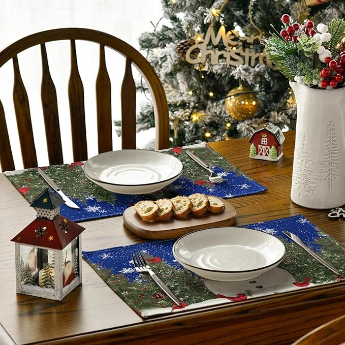 Artoid Mode Blue Snowman Trees Bird Christmas Placemats Set of 6, 12x18 Inch Seasonal Winter Table Mats for Party Kitchen Dining Decoration