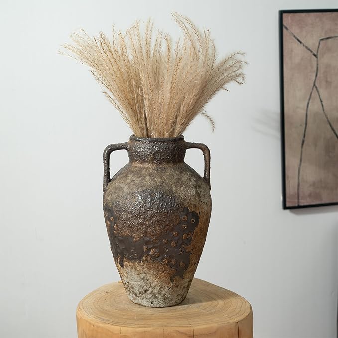 Ceramic Rustic Farmhouse Vase with 2 Handles, Brown 10" Vintage Distressed Clay Flower Vase, Pottery Terracotta Handmade Decor for Home Living Room Table Centerpiece