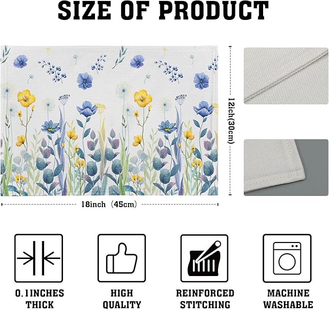 Watercolor Floral Placemats Set of 4 Blue Yellow Poppy Flowers Washable Non-Slip Heat Resistant 12×18 Inch Spring Summer Seasonal Linen Fabric Table Mats for Kitchen Dining Table