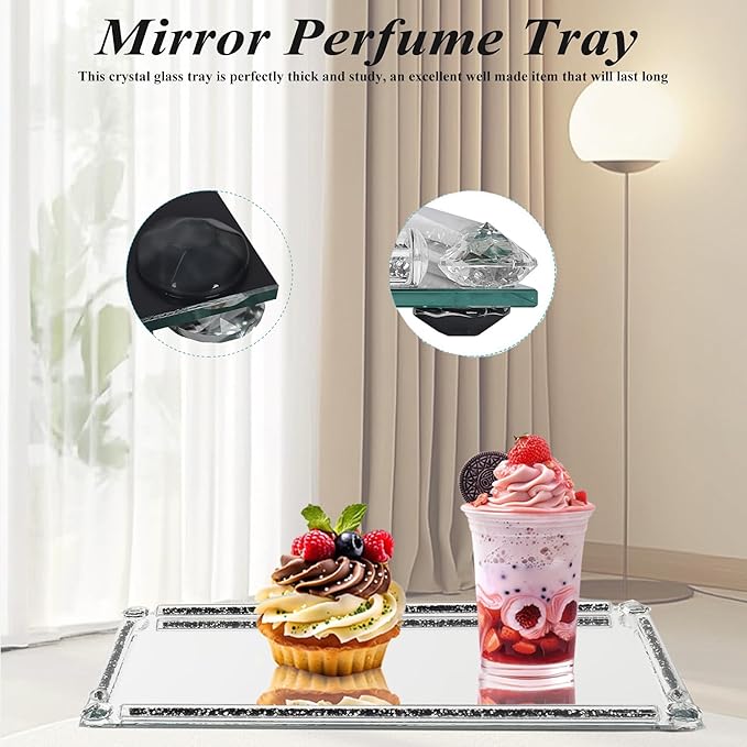 Mirrored Vanity Tray, Crushed Diamond Filled Crystal Glass Cosmetic Makeup Tray, Sparkle Perfume Jewelry Trinket Countertop Decorative Tray, for Home Party Hotel Dresser Bathroom Bedroom, Silver