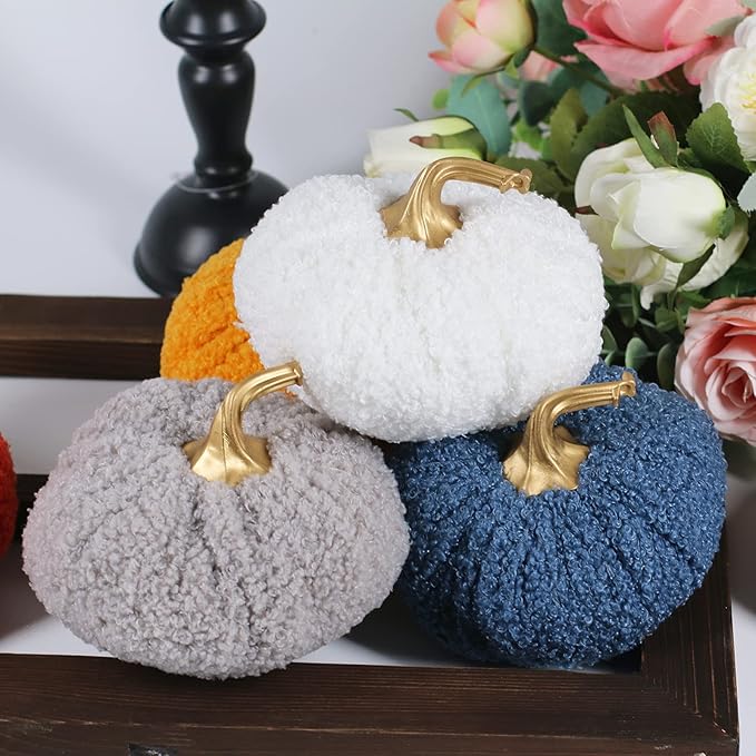 Ogrmar 6 Pack Fabric Artificial Pumpkins Set Teddy Velvet Decoration Pumpkins Lifelike Harvest Pumpkins for Halloween Fall Harvest Festival, Thanksgiving Decoration
