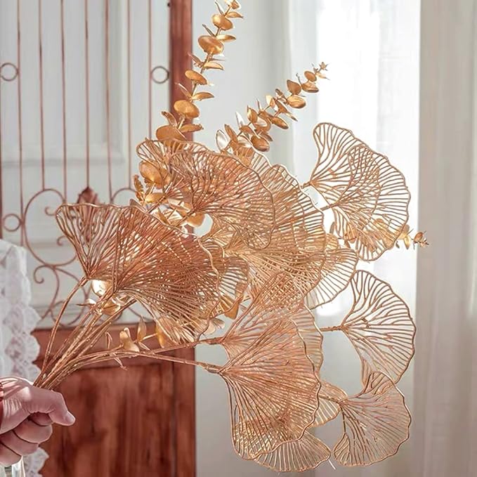 Artificial Golden Plants Fake Gold Ginkgo Leaves - Tall 27Inch 2 Pack, Faux Apricot Leaf Christmas Decor Plant Simulation Bushes for Indoor Outdoor Xmas Party Wedding Table Centerpiece DIY Decoration