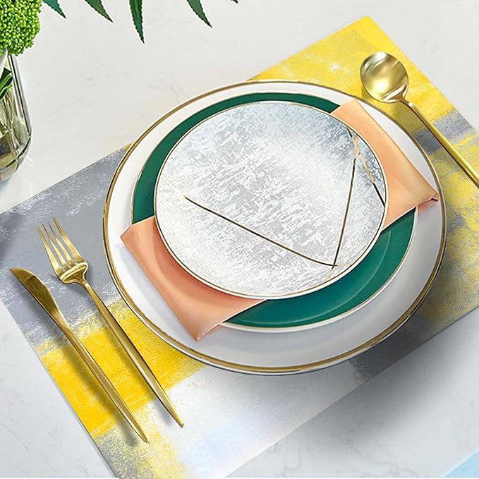 Mcalk Yellow Table Runner and Placemats Set of 6 Pieces, Modern Grey Placemats, Abstract Cloth Place Mats Indoor for Kitchen,Washable Linen Material for Dining Table