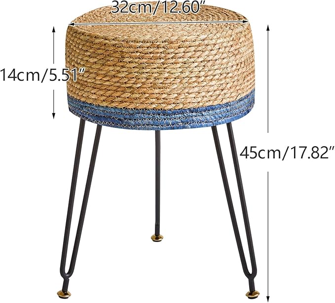 YMYNY Footstool Natural Seagrass Hand Weave, Vanity Makeup Stool, Pastoral Style, Padded Foot Rest with Metal Legs, Foot Rest Sofa Stool, for Living Room, 12.59"L×12.59"W×17.71"H Natural&Blue UHBD029Q